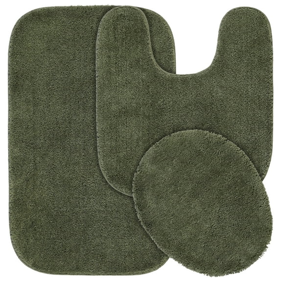 Garland Rug Traditional Washable Bath Rug Set, 3 Piece Set (21"x34" Bath Rug, Contour Rug, & Toilet Lid) Deep Fern