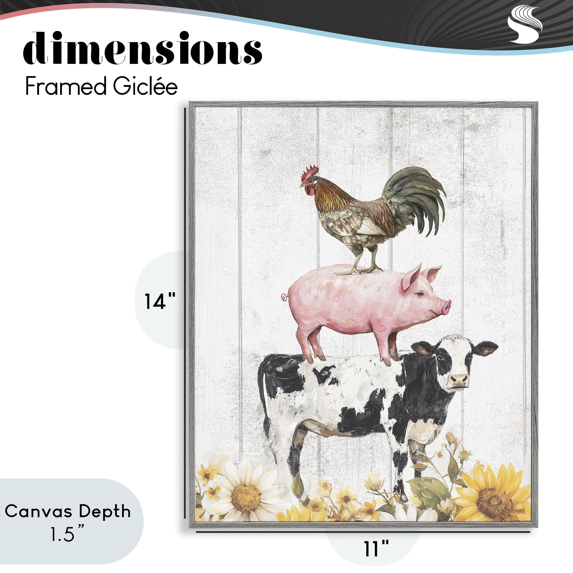 Stupell Industries Farm Animal Stack and Sunflowers Gray Framed Giclee Art, design by Christine Simpson Art