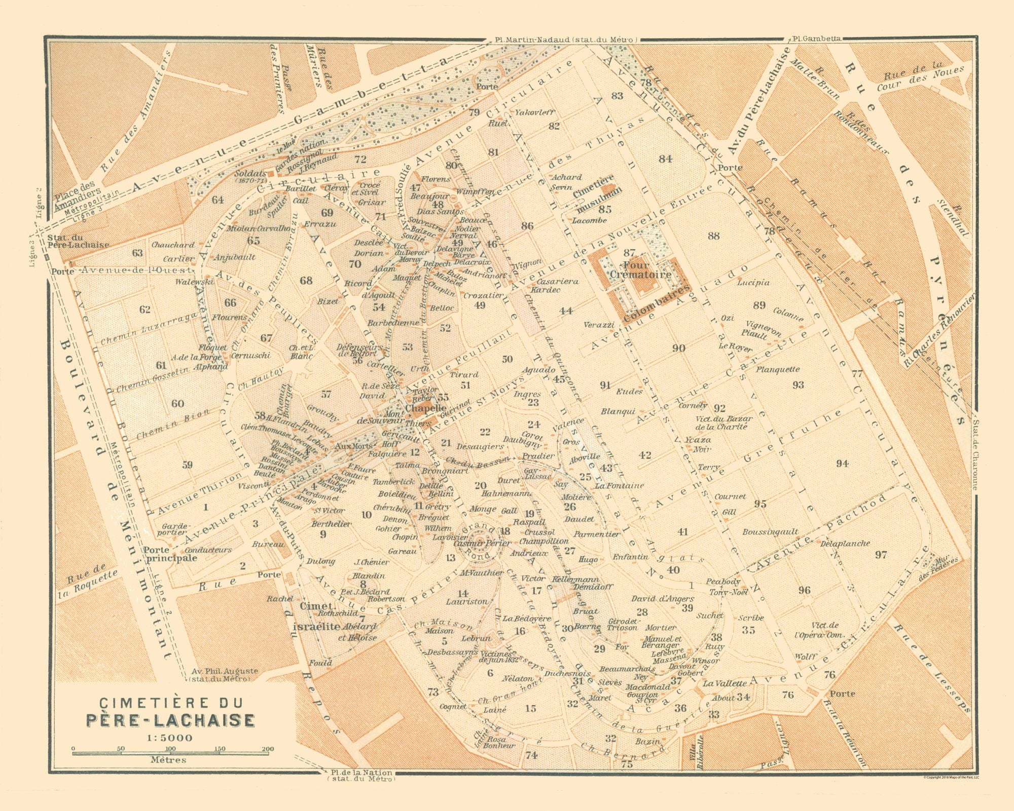 International Map Pere Lachaise Cemetery Paris Baedeker 1911 28.74 x 23