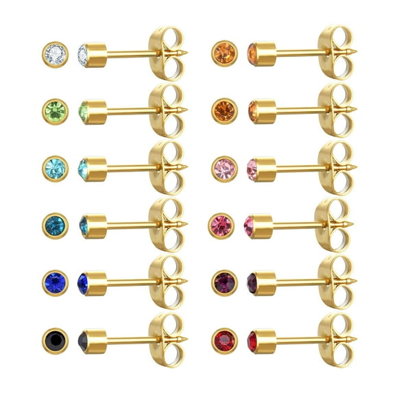 Justjandm Ear Piercing Stud Earrings, Multicolor Cubic Zirconia Earrings, 12 Pairs, 316L Stainless Steel