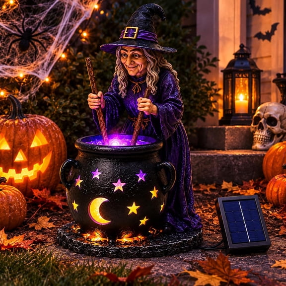 Halloween Witch Cauldron Garden Light, Solar Powered Resin Witch Statue with Glowing Cauldron Outdoor Holiday Decor for Yard Lawn Porch Path