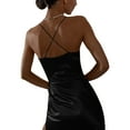 thumbnail image 3 of Franhais Women's Summer Solid Color Dress Thin Spaghetti Straps V-neck Gathered Side Slit Dress, 3 of 9