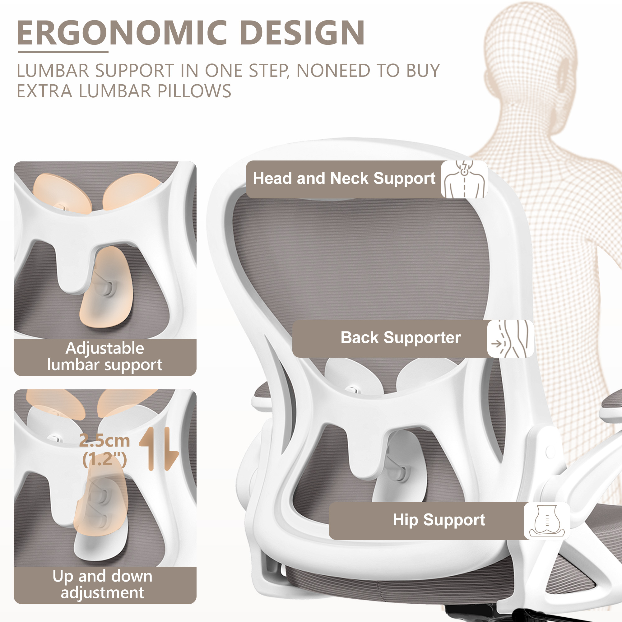 ATHOPE Office Chair, Ergonomic Desk Chair with Flip Up Armrests, Height Adjustable Computer Chair with Lumbar Support, Gray
