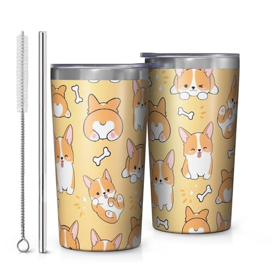 Corgi Dog and Footprints 10oz Tumblers Stainless Steel Tumbler with Lid and Straw,Vacuum Insulated Double Wall Travel Tumbler Cups with Cleaning Brush for Coffee, Tea
