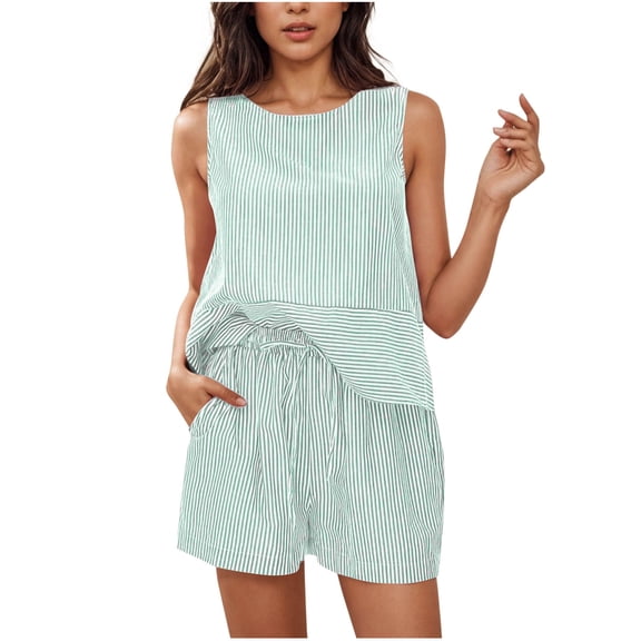 Guluxicc 2 Piece Outfit Sets for Women Sleeveless Crew Neck Striped Tops with Elastic Waist Shorts Side Pockets Casual Outfits for Summer Daily Wear