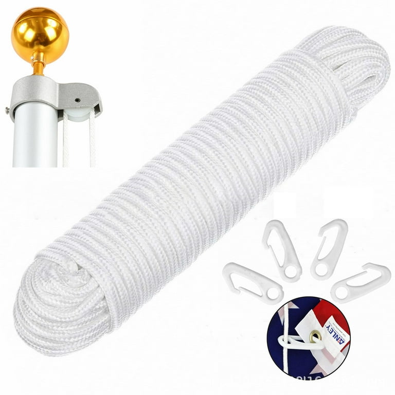 Grevis 50 ft Flagpole String Kit Nylon Rope 1/4 inch Flagpole Line Rope with 12 Flag Pole Hooks for Swing, Flagpoles, Climbing, Camping, Size: 50