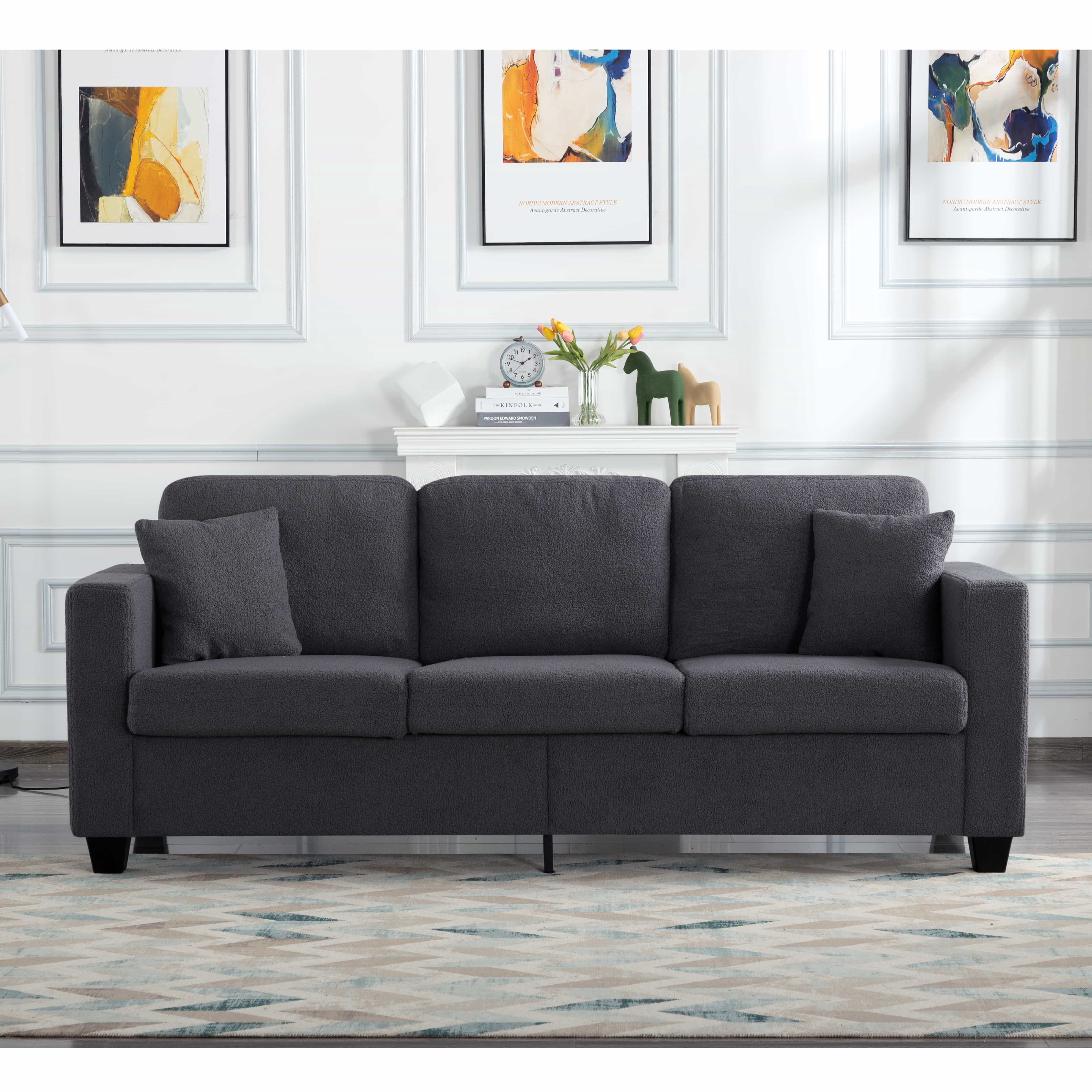 BSHTI 86.5 inch Modern Style Teddy Fabric Sofa with 2 Pillows,Featuring Extra-Wide Deep Sofa,Suitable for Living Room,Bedroom,Office Beige