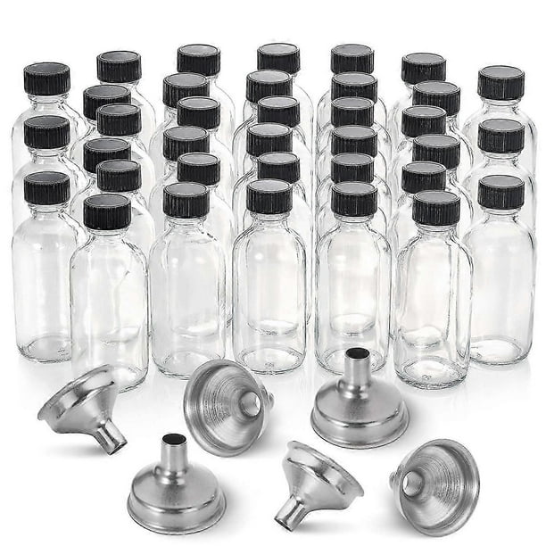 36 botellas pequeñas de vidrio transparente de 2 oz (60 ml) con tapas y 3 embudos de acero inoxidable - Botellas de muestra redondas Boston para pociones, jugos, shots de jengibre, aceites, W