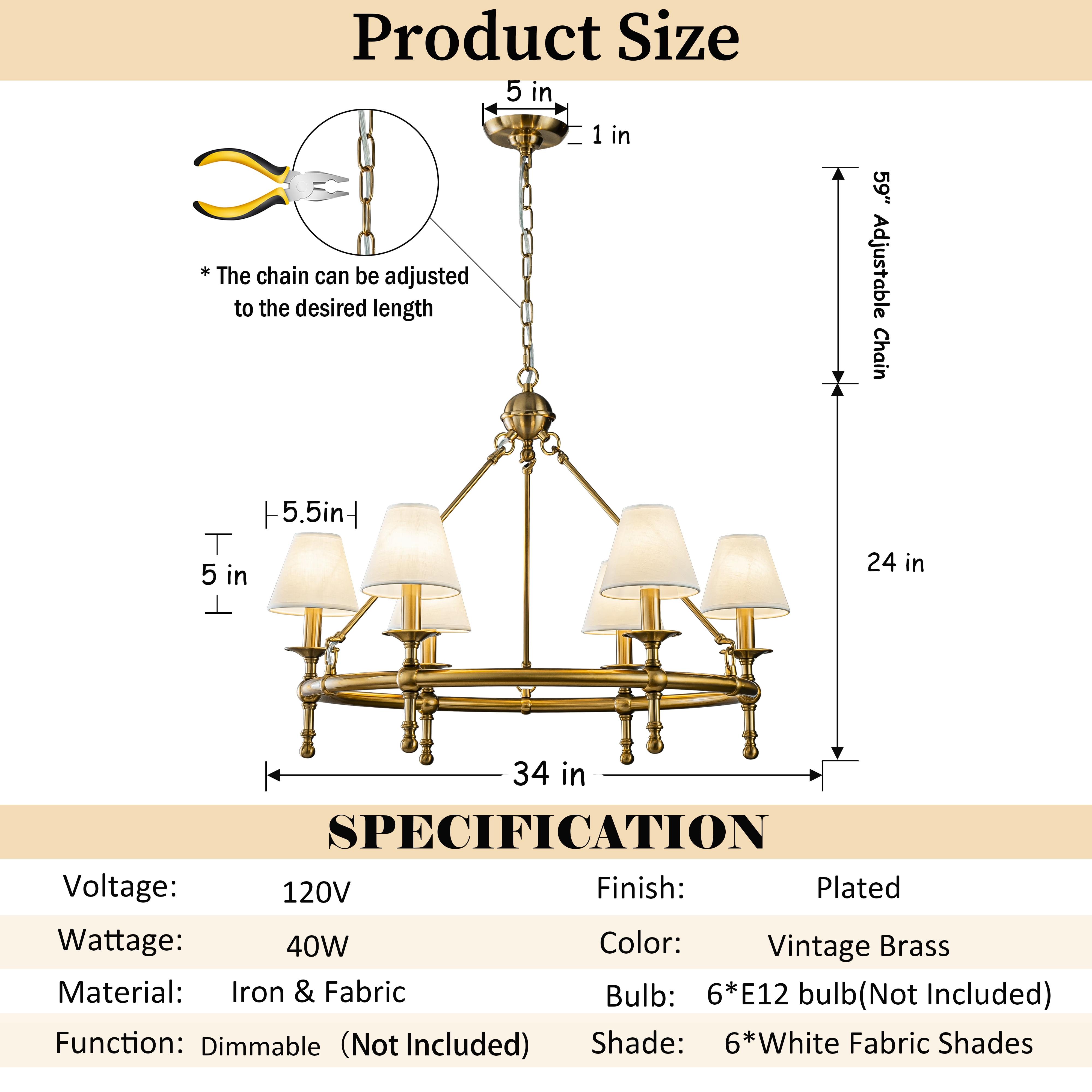 6-Light W34 in Vitage Brass Chandelier Untique Classic Lighting with White Fabric Lamp Shade for Dining Room