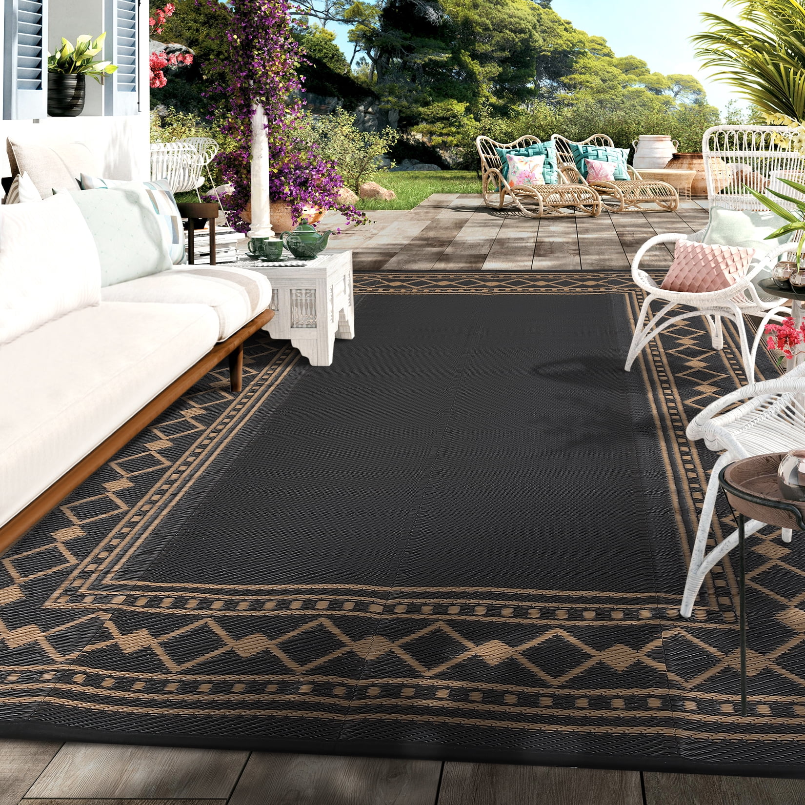 Hasoo 9' x 12' Black/Brown Outdoor Rug Plastic Straw Border Carpet Waterproof PP Tube Woven Portable Mat for Patio Decor, Balcony, Picnic