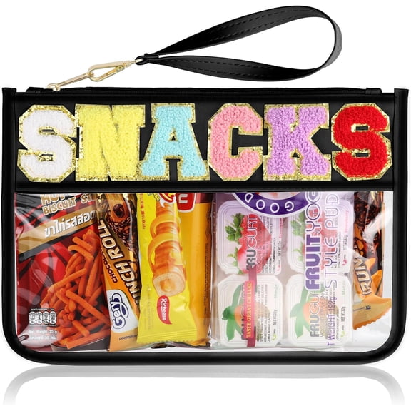 Snack Bag for Travel - Clear Chenille Varsity Letter Flat Pouch with Zipper, 12.28.46 inch Waterproof Clear Nylon Preppy Patch Makeup Cosmetic tote Bags for Women Girls