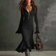 thumbnail image 2 of Pulls pour Femmes, Élégant Robe Chandail en Chiffon Uni à Manches Longues Demi-Fermeture à Glissière Évasées en Tricot Résille, Robe Maxi pour Femmes, 2 of 9