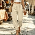 thumbnail image 4 of Women's Loose Cuffed Long Pants Baeitkot Women's Fashion Casual Solid Color Elastic Waist Pocket Loose Cuffed Long Pants Beige M, 4 of 6