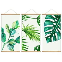 wall26 - 3 Panel Hanging Poster with Wood Frames - Watercolor Style Tropical Leaves - Ready to Hang Decorative Wall Art - 18"x36" x 3 Panels