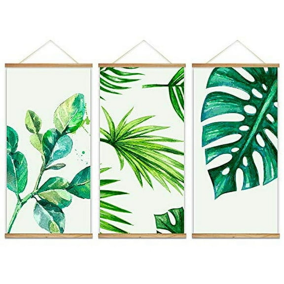 wall26 - 3 Panel Hanging Poster with Wood Frames - Watercolor Style Tropical Leaves - Ready to Hang Decorative Wall Art - 18"x36" x 3 Panels