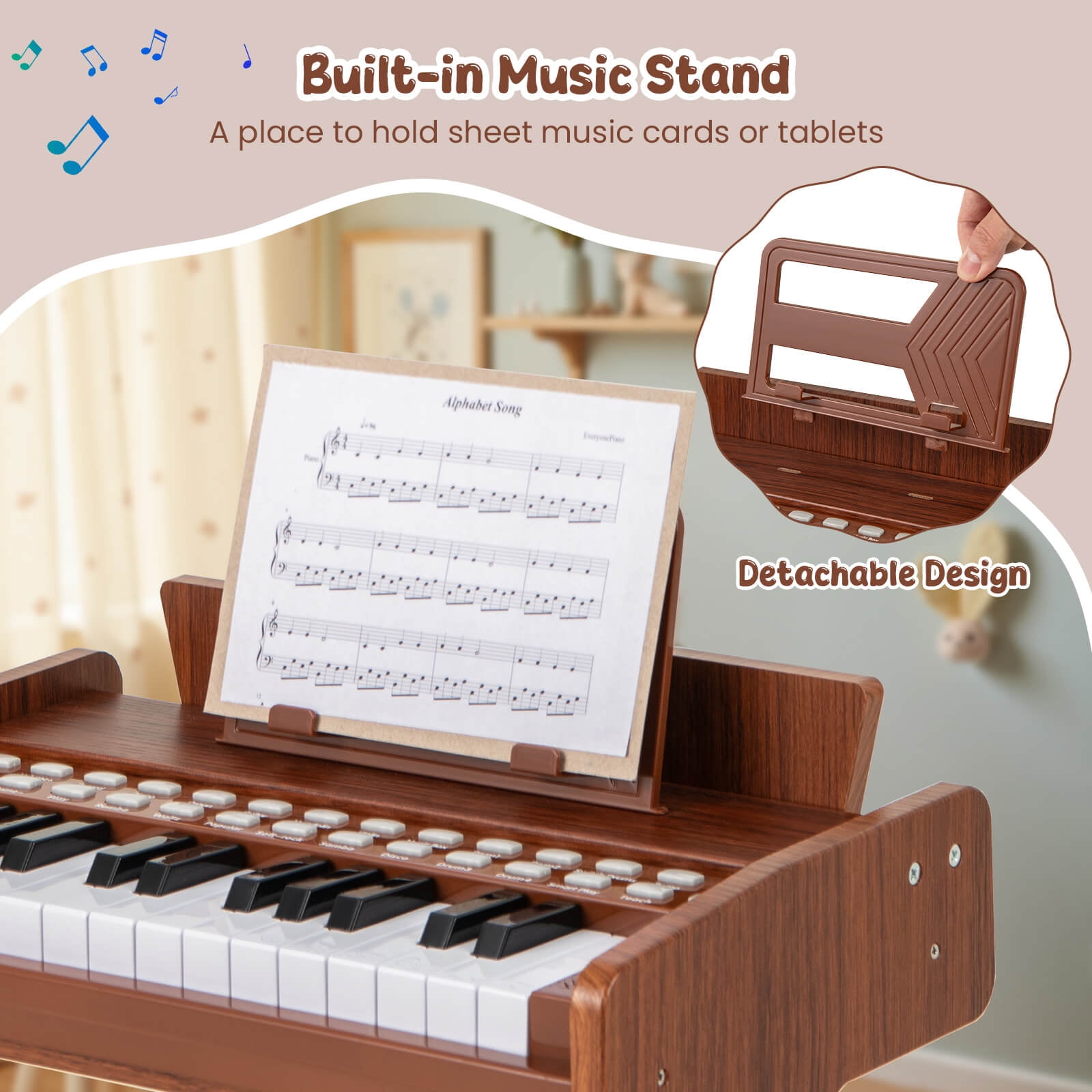 Costway 25 Keys Digital Piano with Music Stand,Teaching Mode,Lighted Keys, Adjustable Speed Brown