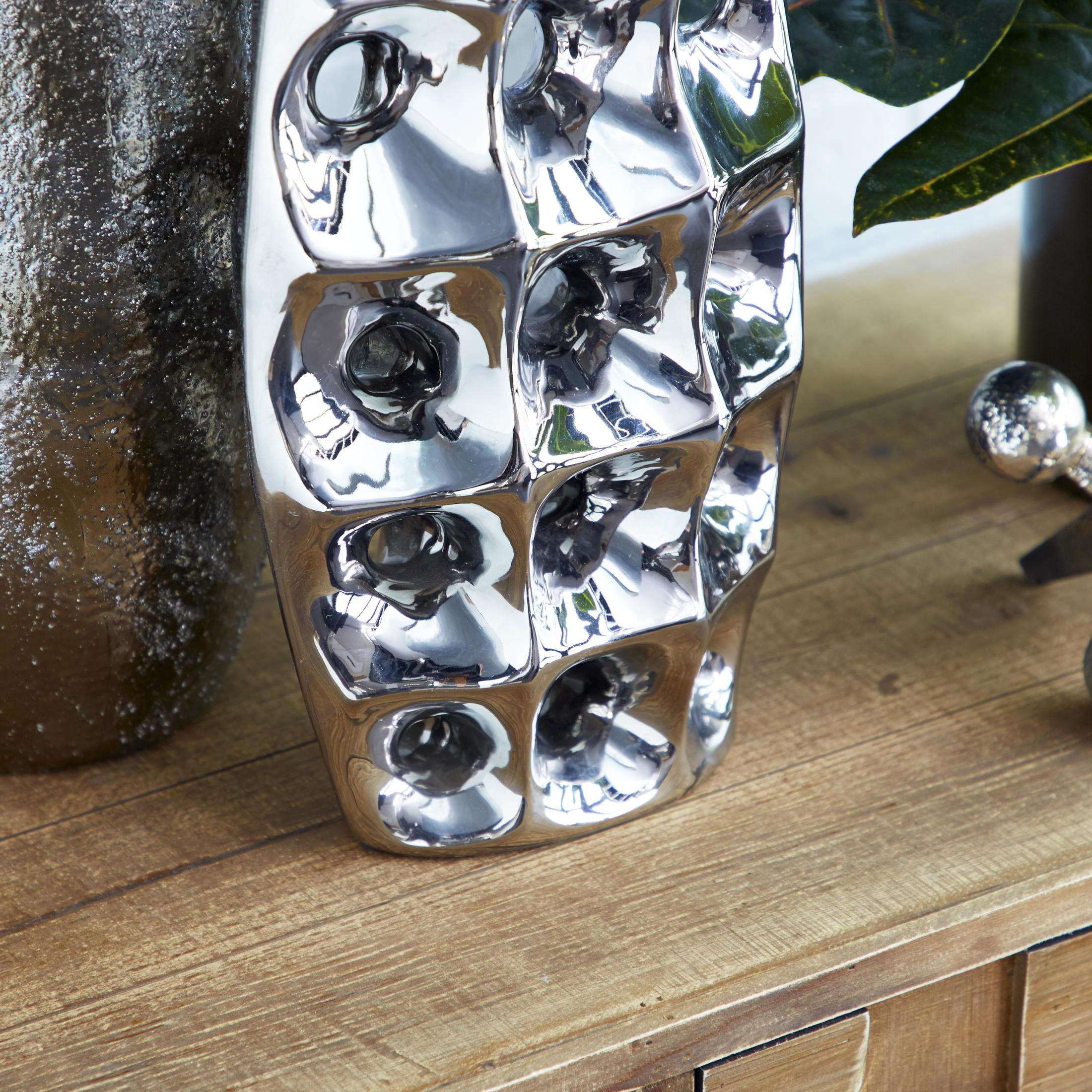 DecMode 14" Silver Ceramic Vase with Cut Out Designs