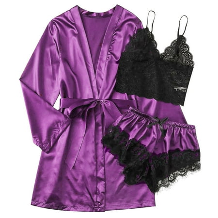

MIARHB Crotchless Satin Silk Pajamas Women Nightdress Lingerie Robes Underwear Sleepwear Babydoll Lace Teddy