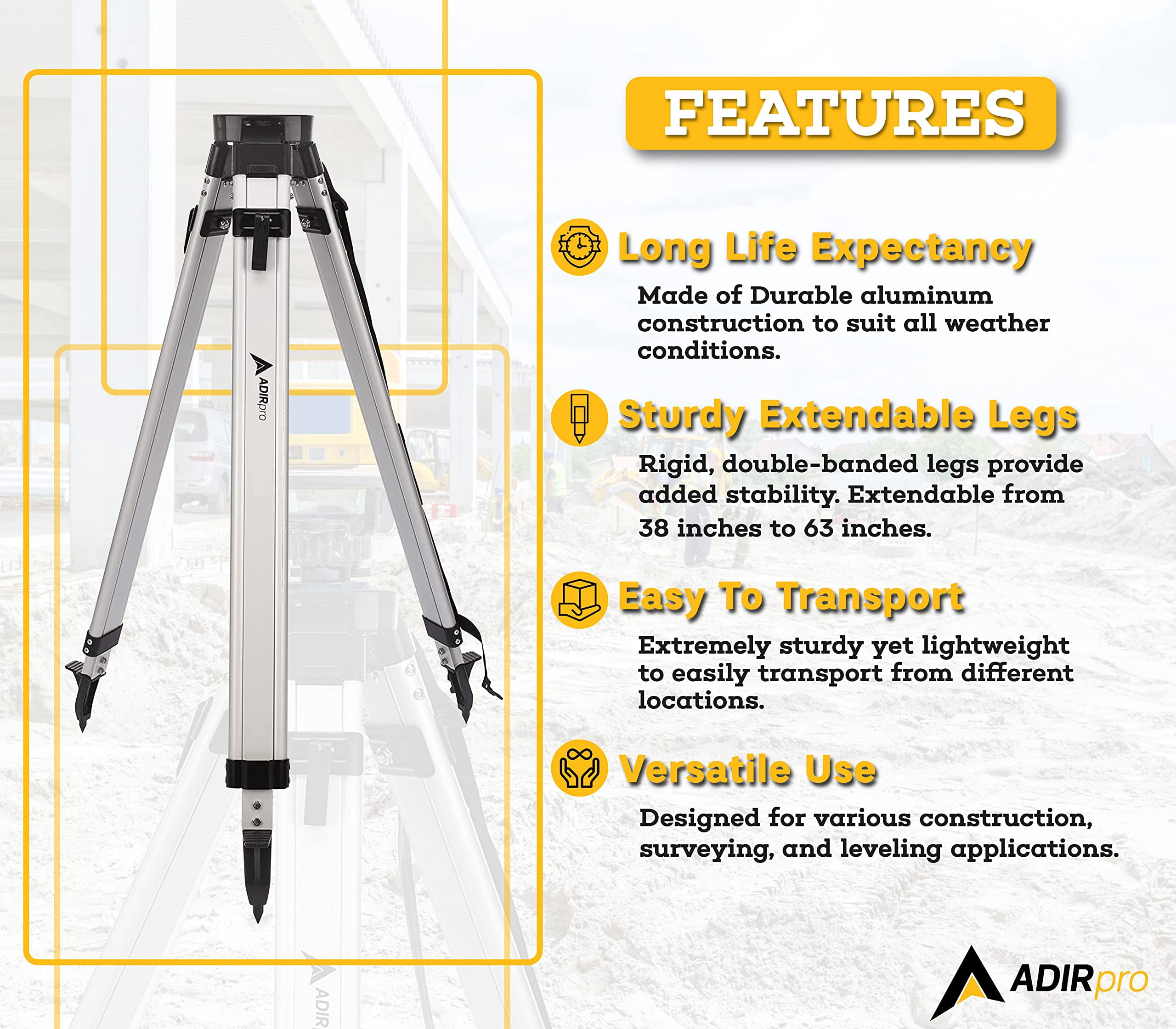 AdirPro Universal Survey Tripod – Laser Level Tripod – Transit Level Tripod - Quick Clamp - Heavy Duty Contractor Tripod 5/8” x 11” Thread (Black Aluminum)