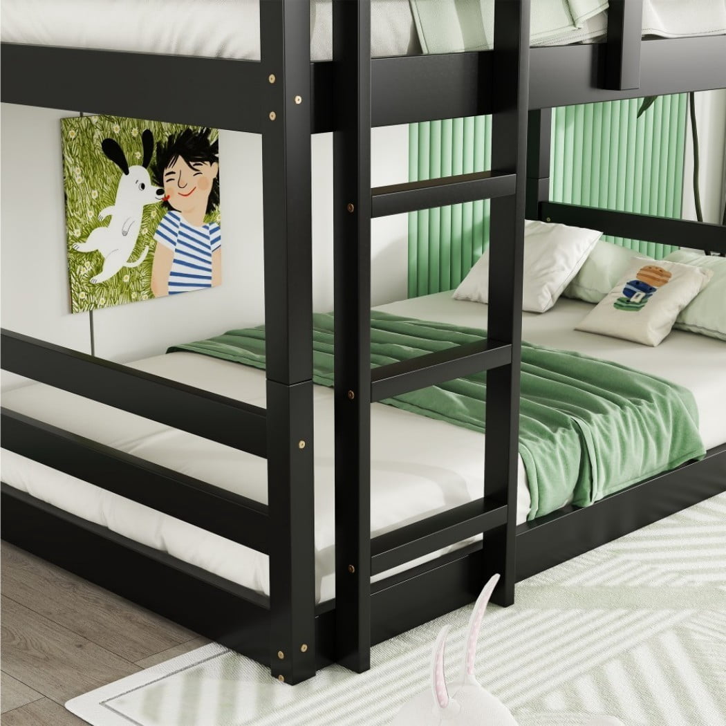 Triple Twin Bunk Bed, Rubber Wood Twin Over Twin Over Twin Bunk Bed with 2 Built-In Ladders & Guardrails, Detachable 3 Twin Beds, Black