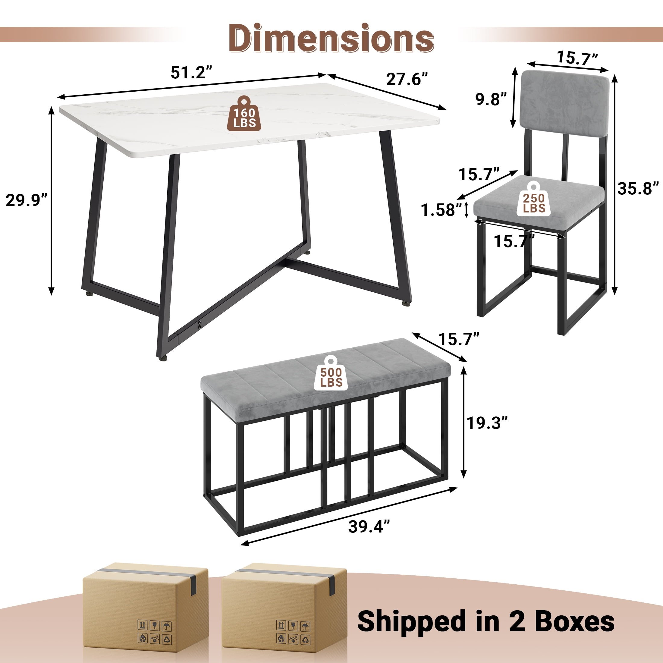 PORKISS Dining Room Set for 6, Modern Dining Table Set for 6 with Faux Marble Table, 4 Velvet Chairs and 1 Cushion Bench, Metal Frame, White + Gray + Black