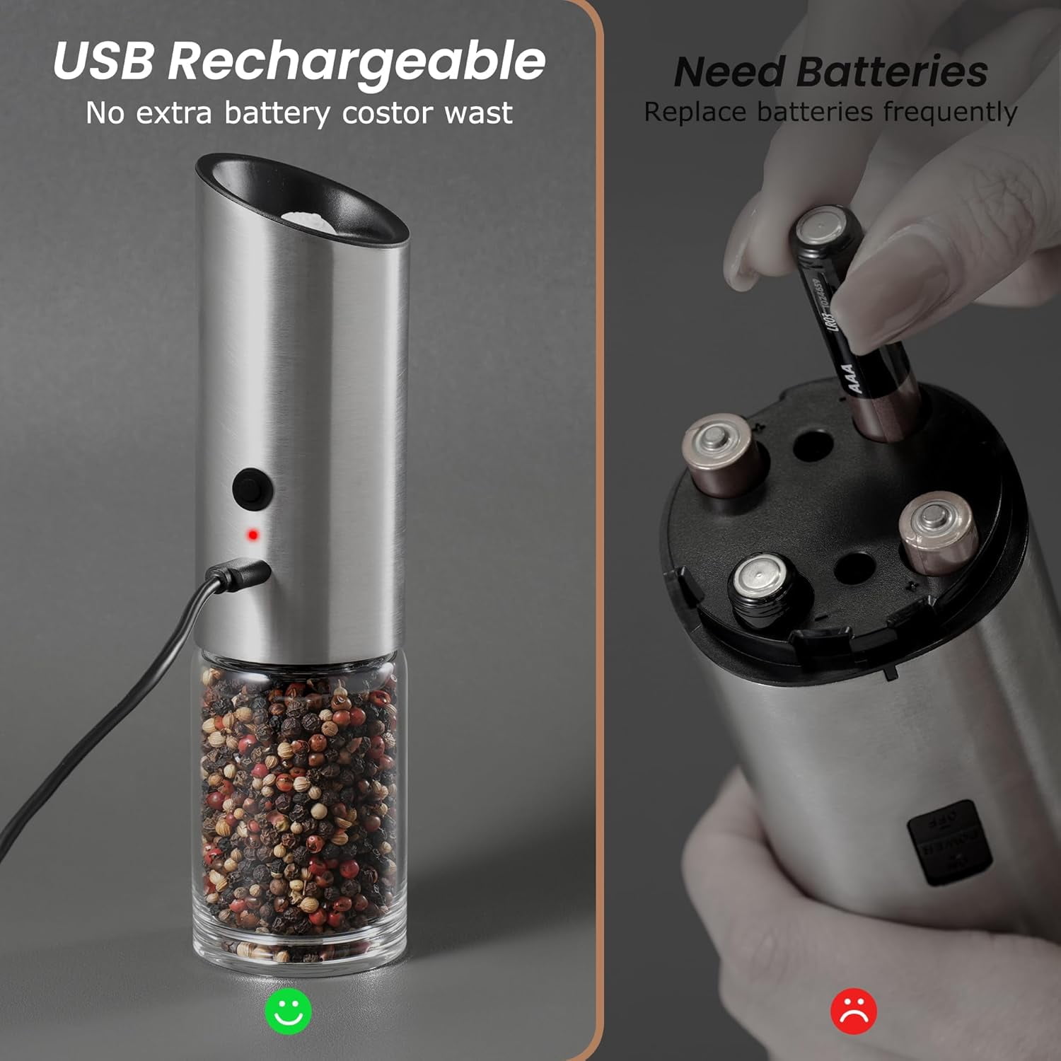 Electric Salt and Pepper Grinder Set Rechargeable with LED Light Automatic Stainless Steel Spice Mill Adjustable Coarseness