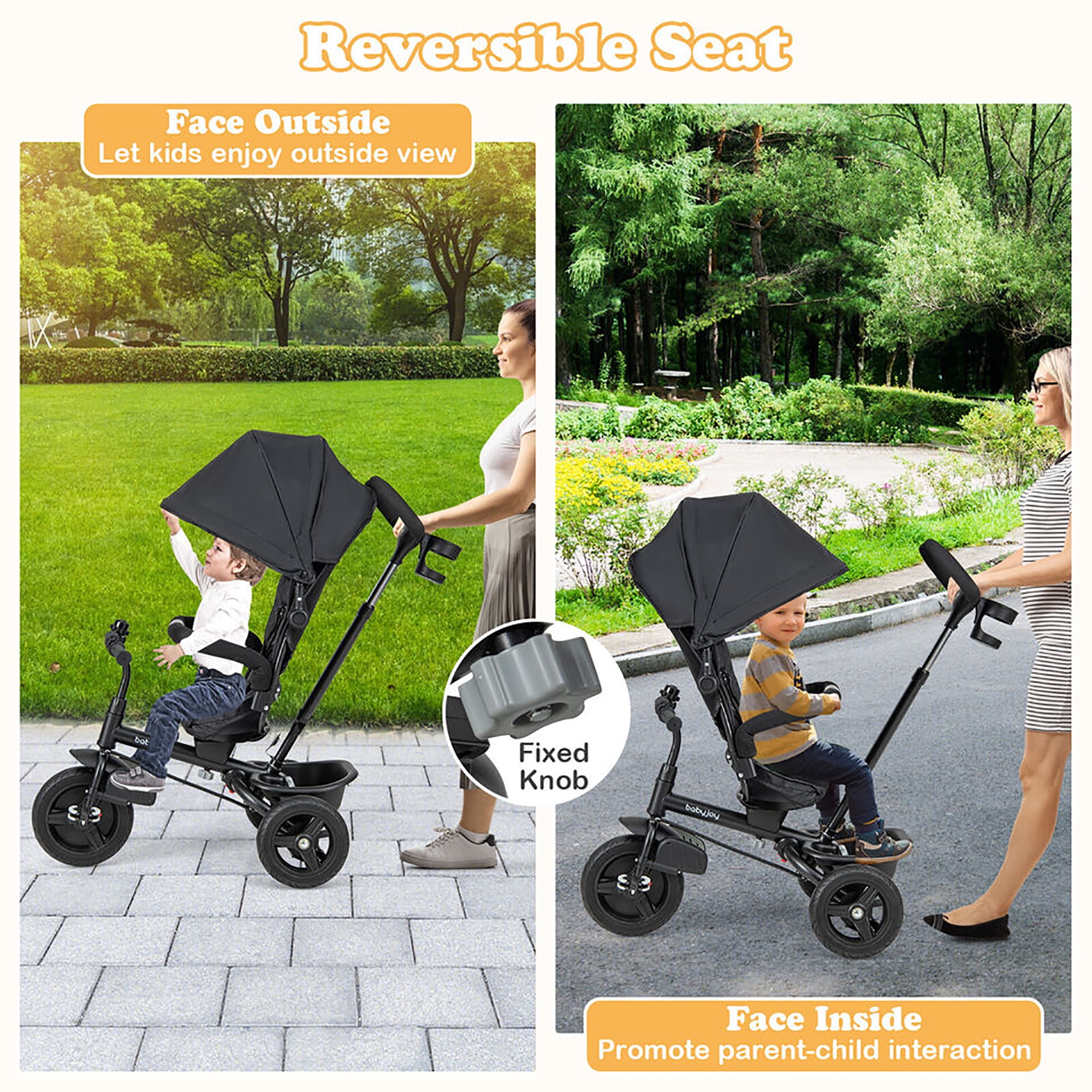 Gymax 4-in-1 Baby Tricycle Toddler Trike w/ Reversible Seat Canopy & Push Handle Black