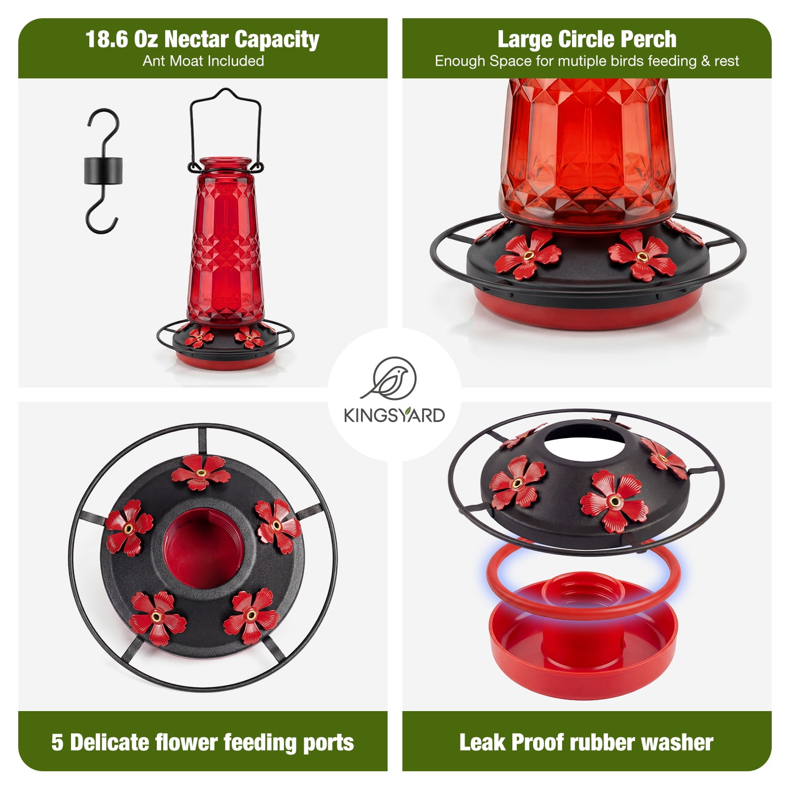 (2 pack) Kingsyard 18.6 oz Red Glass Hummingbird Feeder, 5 Red Ports, Ant Moat Included