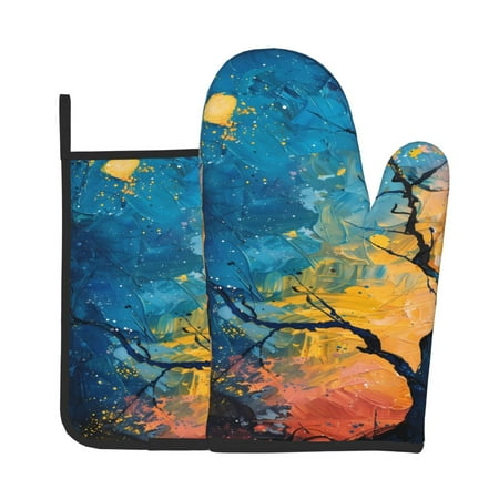 

Zeuib Abstract Night Sky Tree Print Oven Mitt & Pot Holder Set 2-Pack Kitchen Gloves and Hot Pads for Cooking BBQ Grilling Baking