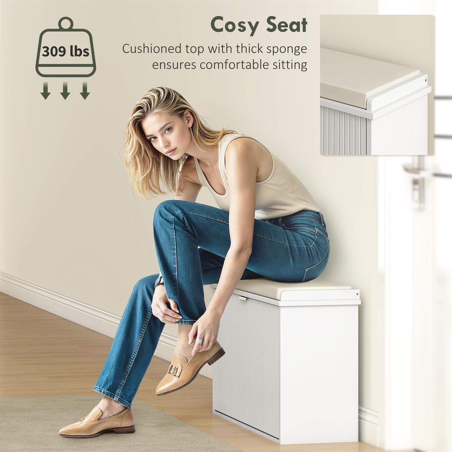 Demi Bonn 31" Shoe Storage Bench with Padded Seat & Flip-Drawer, Entryway Organizer for Home & Office, Compact Design, White