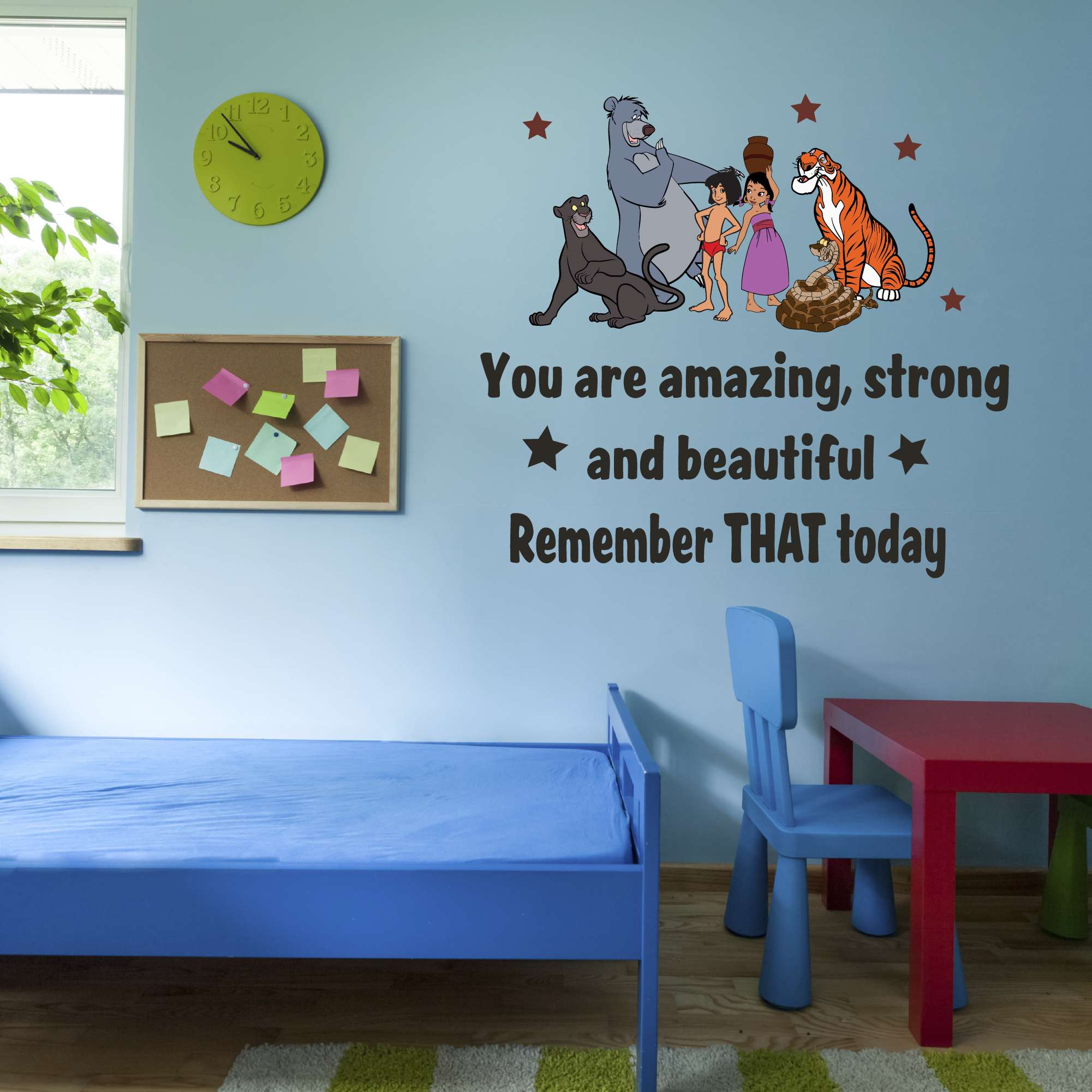 Cartoon Mowgli Baloo Bagheera Shere Khan Amazing Strong and Beautiful Adventurous Quote Book Characters Colorful Décor Lasts Stickers Decal Decals Cling - Size: 20 In(W) x 18 In(H)