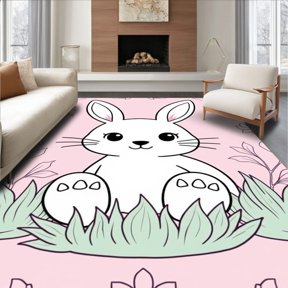 ODIKA 4'x6' Machine Washable Non-Slip Area Rug, Enchanted Hare Wonderland Crawl Magical Floppy Ears Motif High Traffic Rug with Pad, Pink, 721079