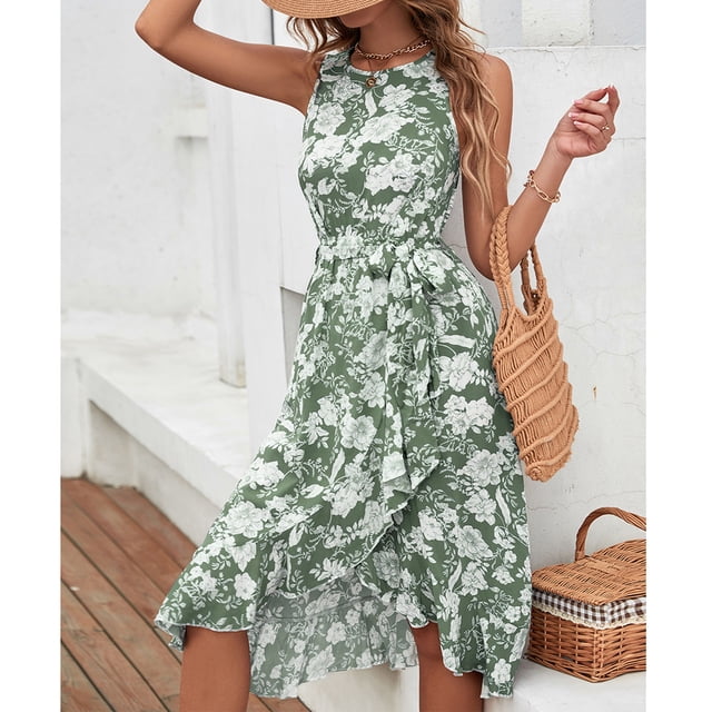 Vestido de verano, vestido largo para mujer, vestido redondo con cuello redondo, vestido con volantes, respuesta rápida