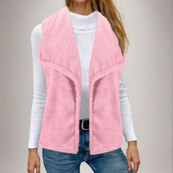 Qetyuw Fuzzy Jacket Vest for Women Cozy Sleeveless Open Front Cardigan Jacket Casual Lightweight Lapel Vests Coat
