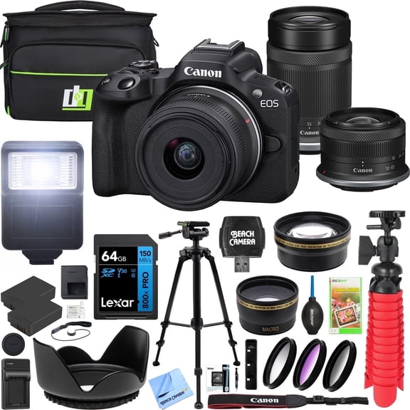 Canon EOS R50 Mirrorless Camera Body with 2 Lens Kit RF-S 18-45mm IS STM and 55-210mm IS STM 5811C022 Bundle with Deco Gear Bag   2 Battery  Tripod   Filters   Wide Angle & Telephoto Lenses & More