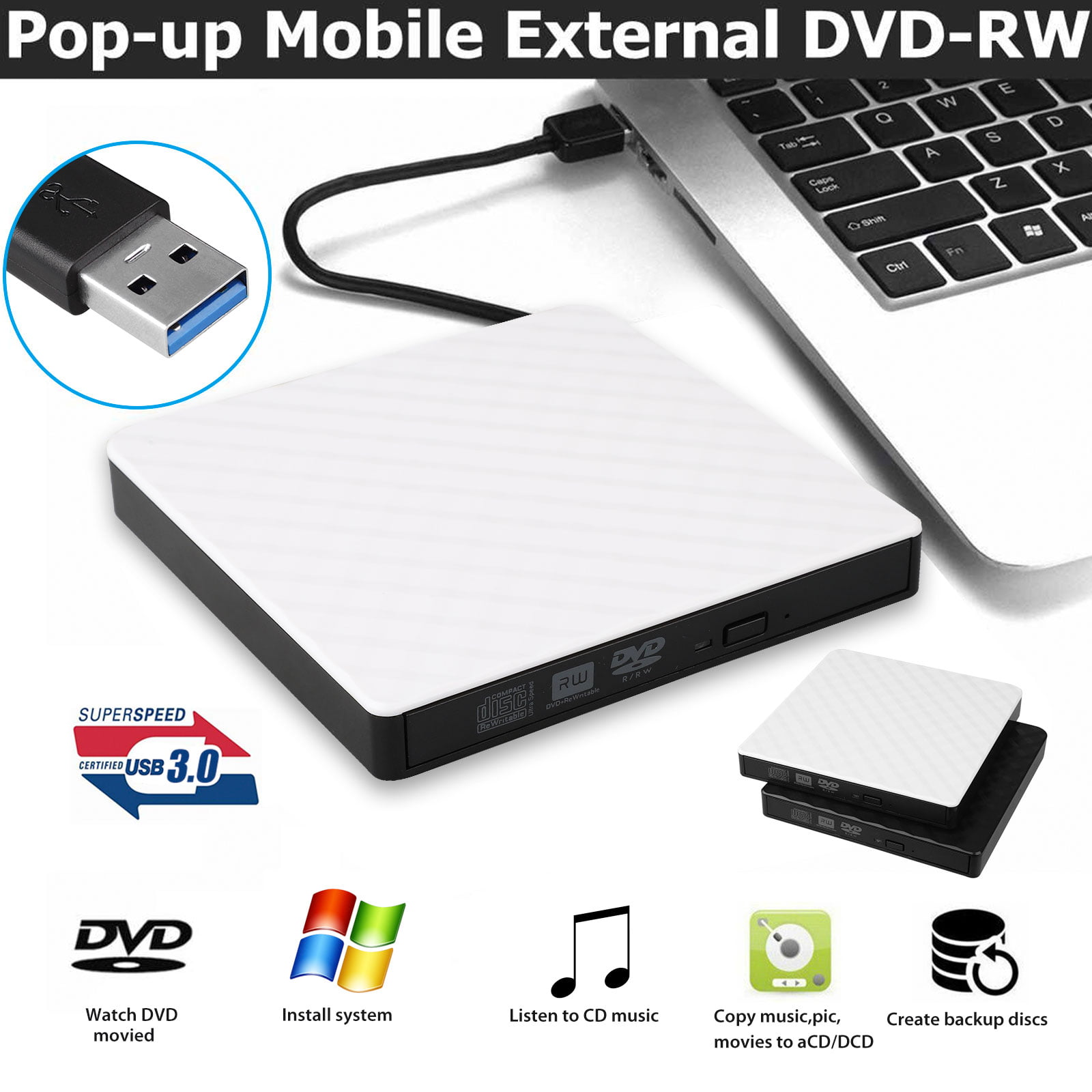 TSV USB 3.0 External DVD Drive, Slim Portable External DVD/CD Rewriter Burner Drive High Speed Data Transfer for Laptop, Notebook, Desktoop