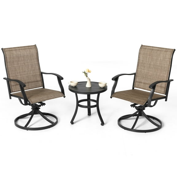 Nuu Garden Outdoor Patio Bistro Set, 2 Swivel Bistro Chairs and 20 Inch Round Bistro Table, Textilene Fabric, Powder-Coated Iron Frame, for Patio, Deck, Garden, Backyard, Balcony, Black and Brown