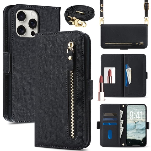 Sanwo for iPhone 16 Pro Max Flip Wallet Phone Case with Mirror Card Slots and Shoulder Strap,Black
