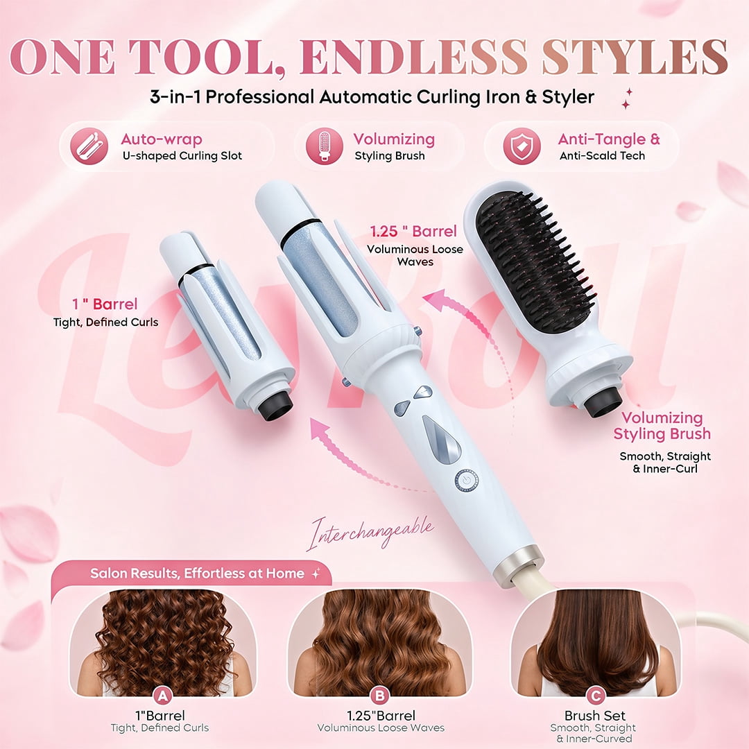3-in-1 Curling Iron & Straightener Brush Kit – 1” & 1.25” Barrels for Beach Waves, Loose Curls & Smooth Hair