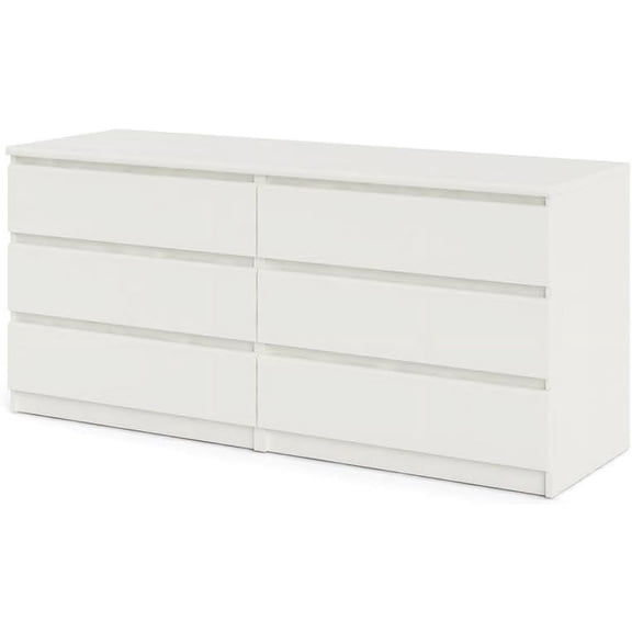 Modern 6 Drawer Double Dresser in White Wood Grain, Perfect for Enhancing Bedroom Storage and Aesthetic Appeal