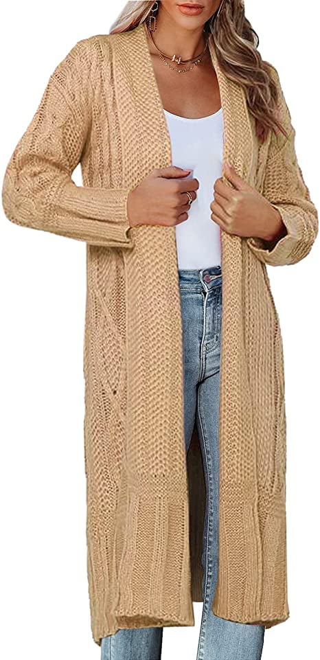 Kitsin Womens Long Sleeve Cable Knit Open Front Long Cardigan Sweaters  Chunky Loose Sweater Coats Outerwear