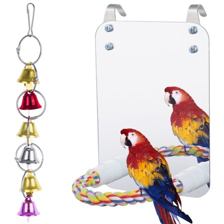 Bird Mirror with Rope Perch, Parrot Cage Toys with Wind Bell, Pet Bird Cage Perch for Gray Parakeets Cockatoos Cockatiels Conures Lovebirds Canaries