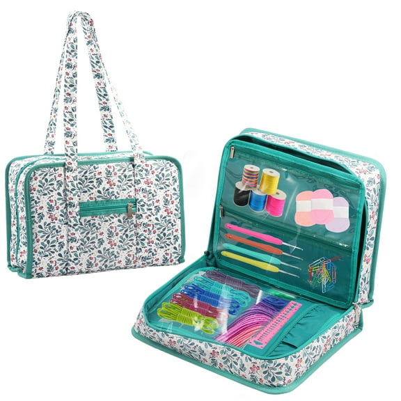 LINFANG Sewing Supplies Storage Bag Large Capacity Sewing and Craft Accessories Organizer Tote with Clear Pocket Knitting Travel Storage Bag for Knitting Crochet