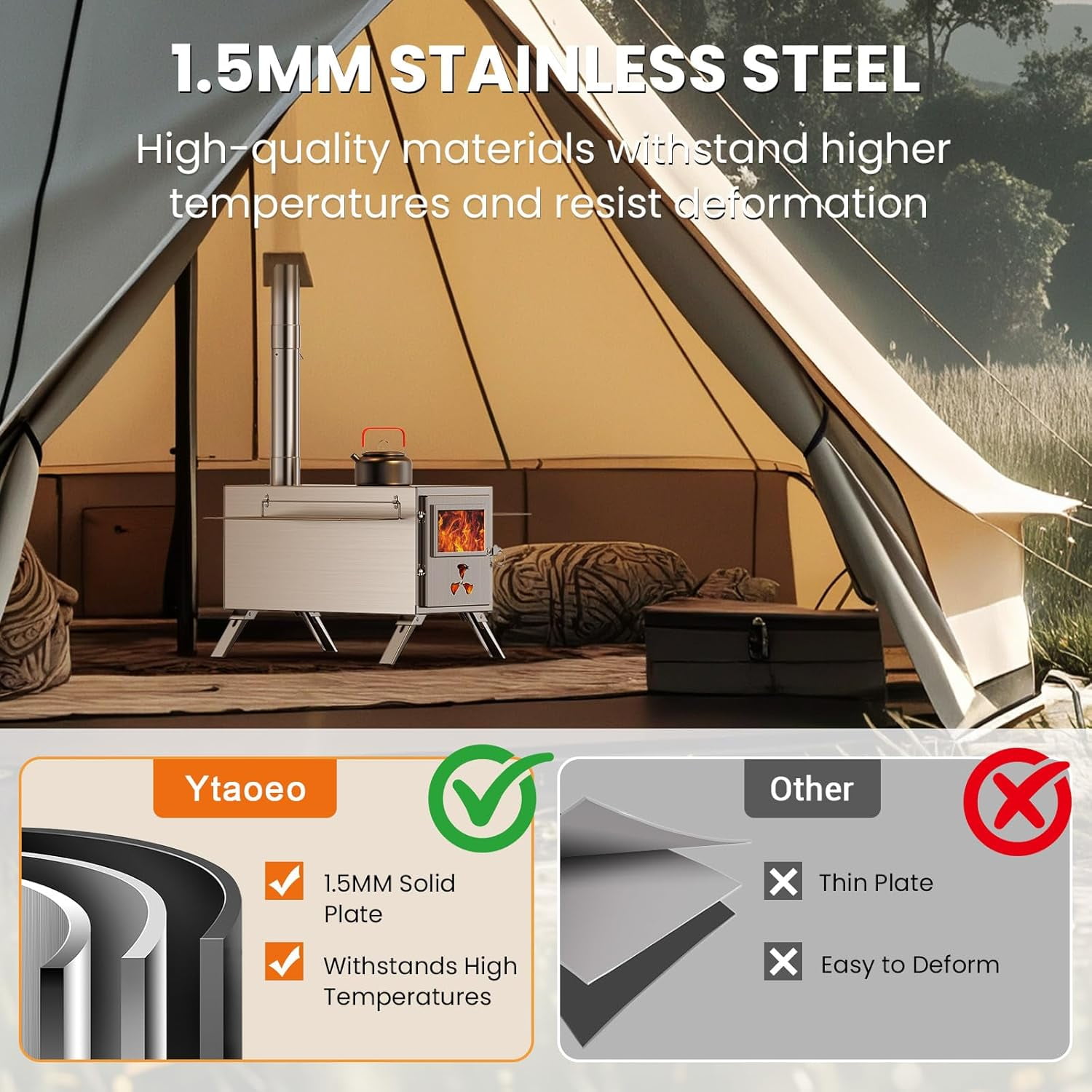 Mophoto Upgraded Wood Stove,Hot Tent Stove Camping Portable Stainless Steel Wood Burning Stove with 7 Chimney Pipes for Wall Tent Camping,Hunting,Heating,Cooking,Ice Fishing,Boiling Water
