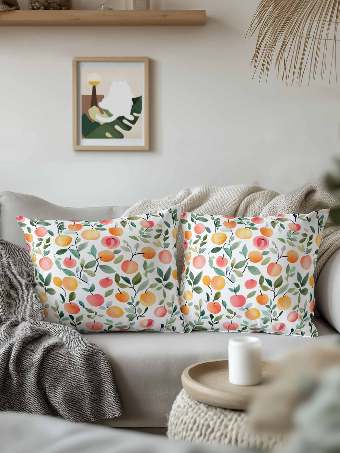 Outdoor Pillows Waterproof, Summer Fruits Bedding Throw Pillows with Insert for Couch Sofa Bed, Orange Peach Green Botanical Spring 18x18 Inch Pillowcases Decorative Camping Patio Pillow Set of 1