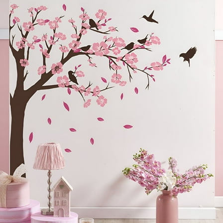 LAMIRO Cherry Blossom Tree Branch Wall Decals Pink Flower Birds Wall Stickers Bedroom Living Room Sofa TV Background Wall Decor