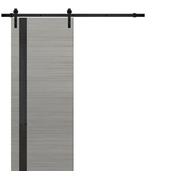Sturdy Barn Door | Planum 0040 Grey Ash with Black Glass | 6.6FT Rail Hangers Heavy Hardware Set | Solid Panel Interior Doors-36" x 96"-Black Rail