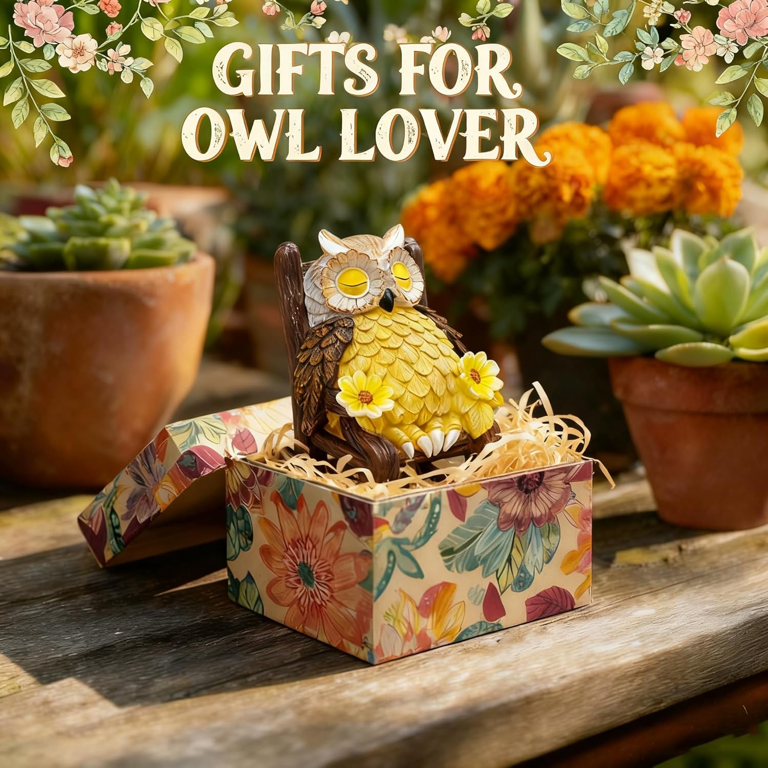 RGHJAR-Garden Gift for Mom Grandma, LED Solar Owl on Chair Patio Sculpture, Cute Outdoor Fairy Garden Housewarming Decor Figurine 6x4.5x3.3 in