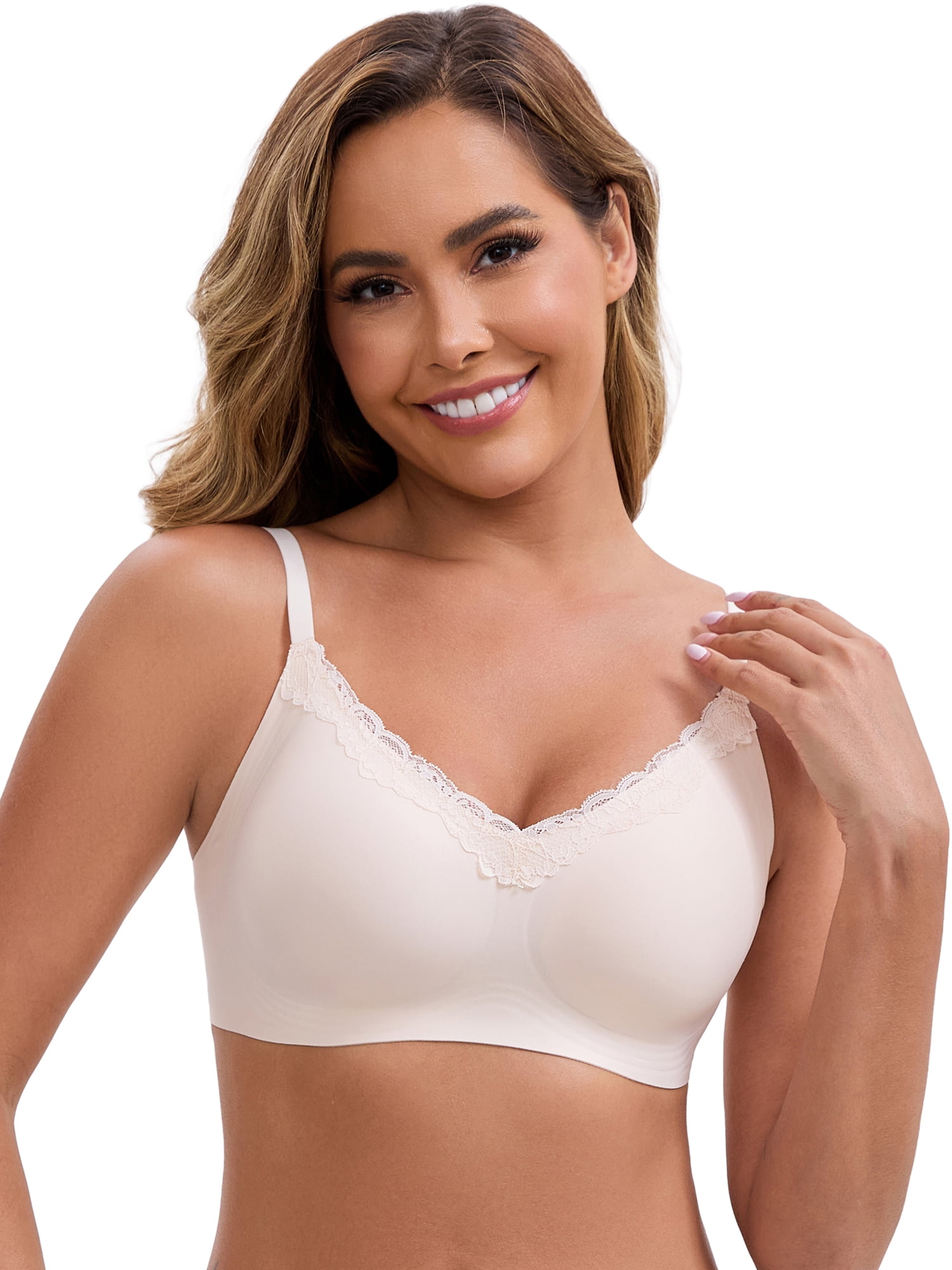 DARING DIVA Lace Trim V-Neck Wireless Bra Adjustable Spaghetti Straps Lift Up M Beige