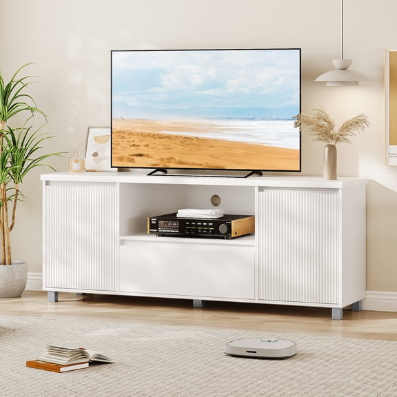 63in TV Stand for TVs up to 70", Modern Entertainment Center with Storage Drawer and Open Shelves, Fluted TV Console Media Cabinet for Living Room, Bedroom, White